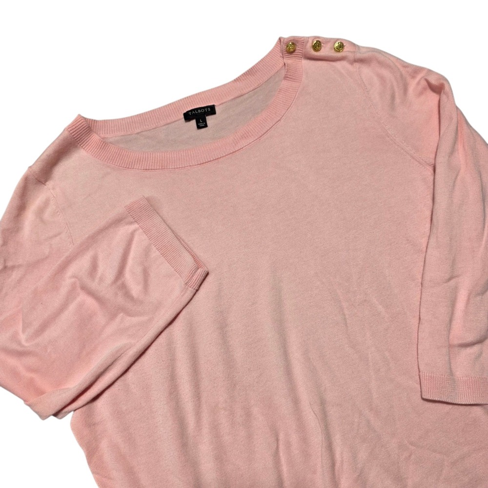 Talbots Women's Pink 3/4 Sleeve Cotton Blend Knit Sweater Top Gold Buttons L‎